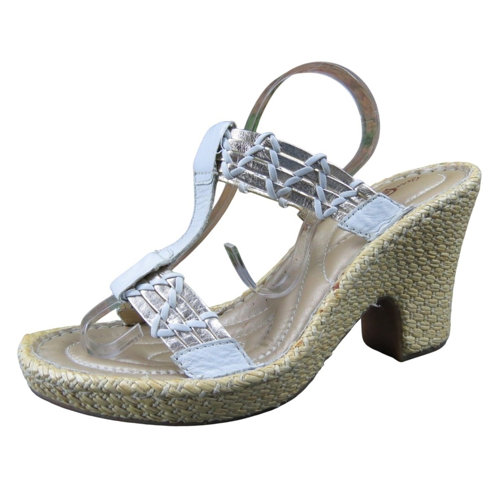 Born Crown Tinker‎ Women 9 White Leather Gold Wedge Sandal 4in Heel Platform
